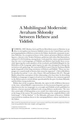 A Multilingual Modernist: Avraham Shlonsky Between Hebrew and Yiddish