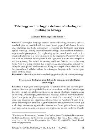 Teleology and Biology: a Defense of Teleological Thinking in Biology