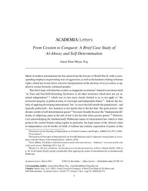 ACADEMIA Letters from Cession to Conquest: a Brief Case Study of Al-Ahwaz and Self-Determination