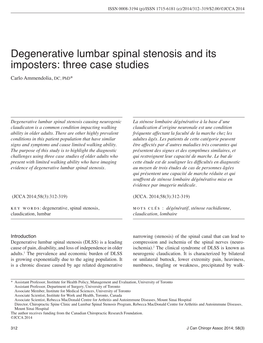 Degenerative Lumbar Spinal Stenosis and Its Imposters: Three Case Studies Carlo Ammendolia, DC, Phd*