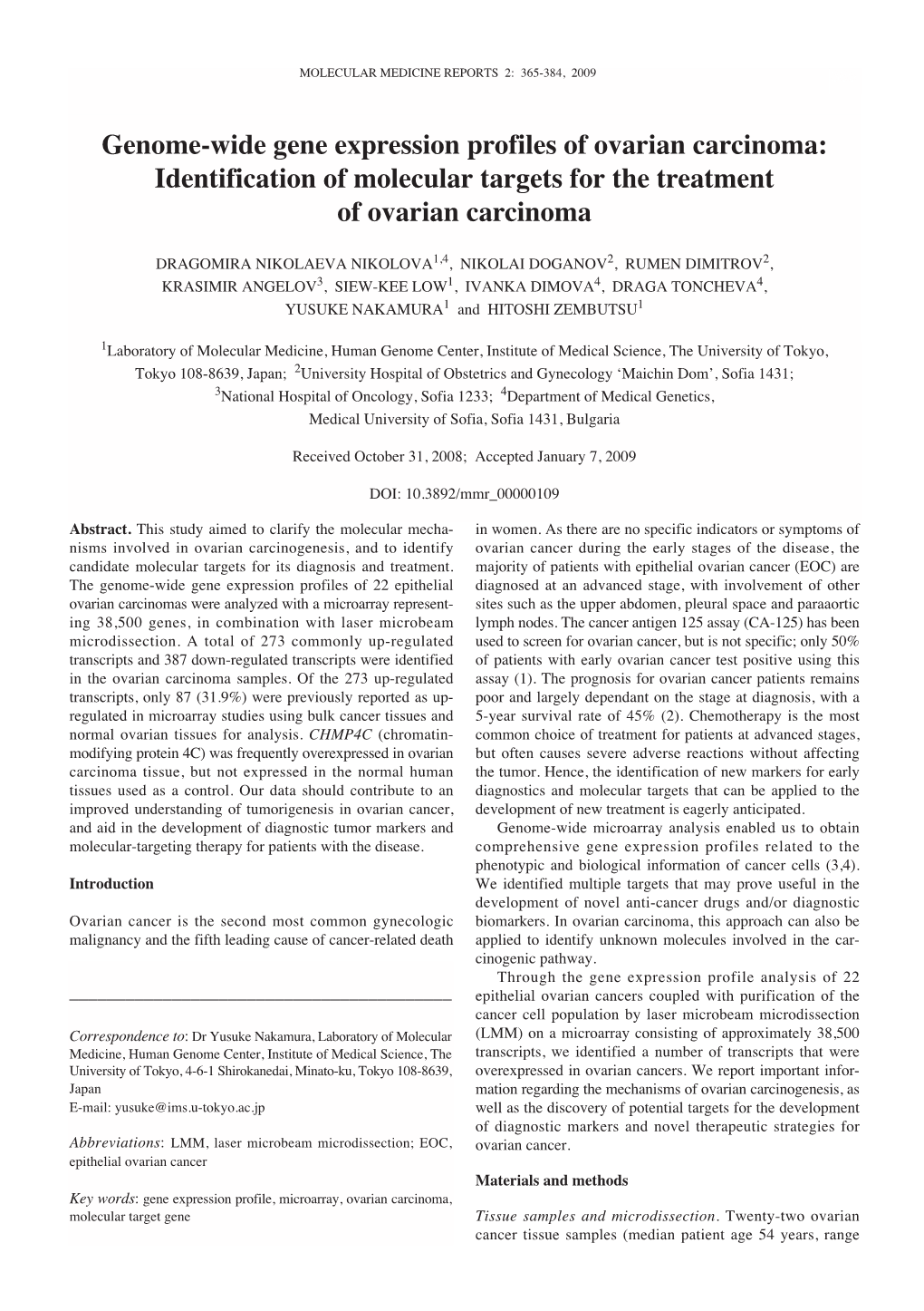 Genome-Wide Gene Expression Profiles of Ovarian Carcinoma: Identification of Molecular Targets for the Treatment of Ovarian Carcinoma