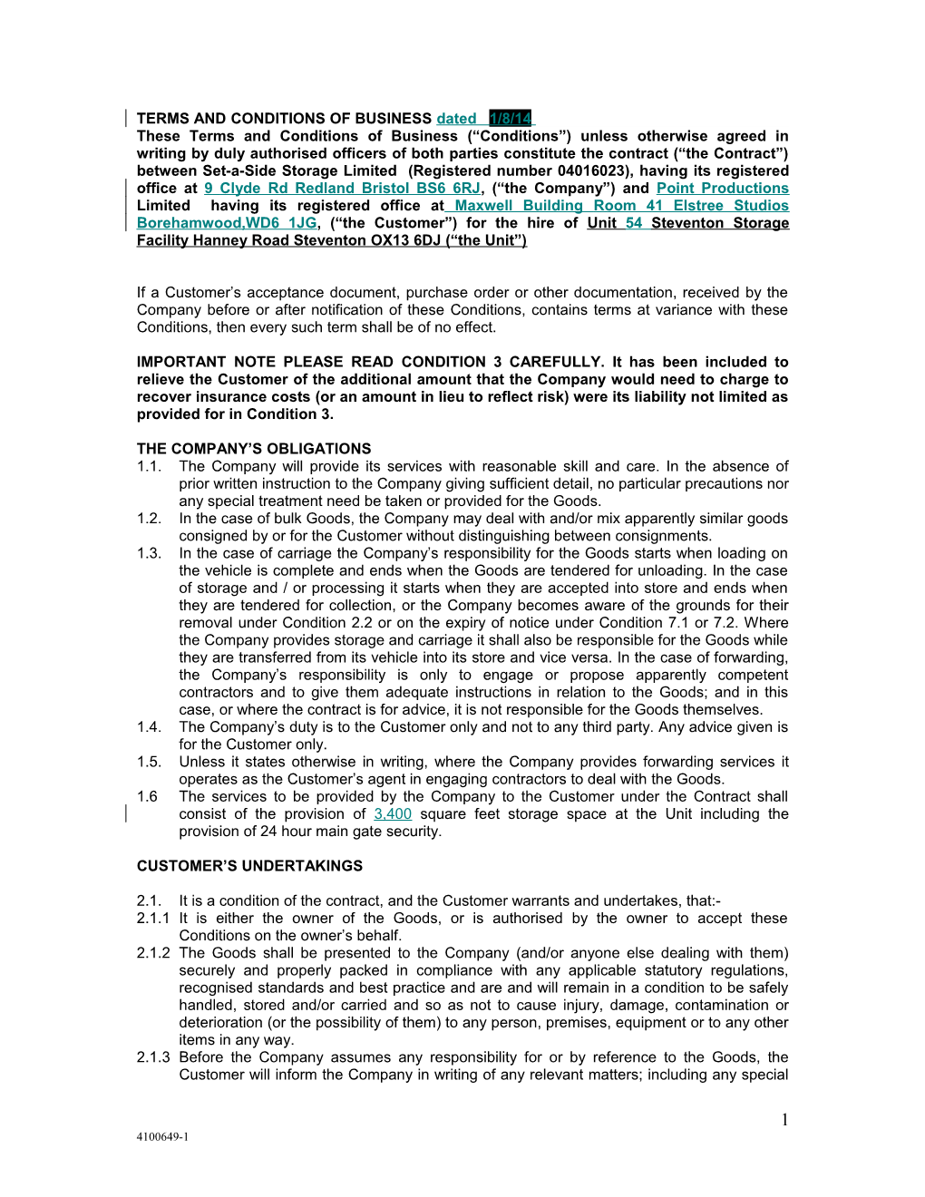 TERMS and CONDITIONS of BUSINESS Dated 1/8/14