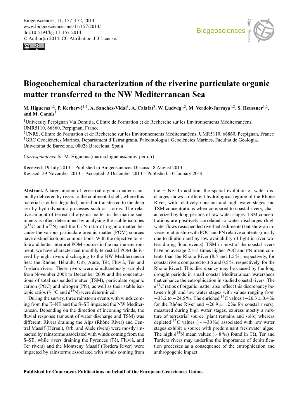 Biogeochemical Characterization of the Riverine Particulate Organic Matter Transferred to the NW Mediterranean Sea