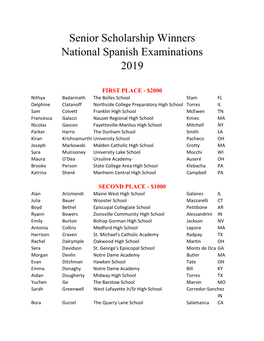 Senior Scholarship Winners National Spanish Examinations 2019