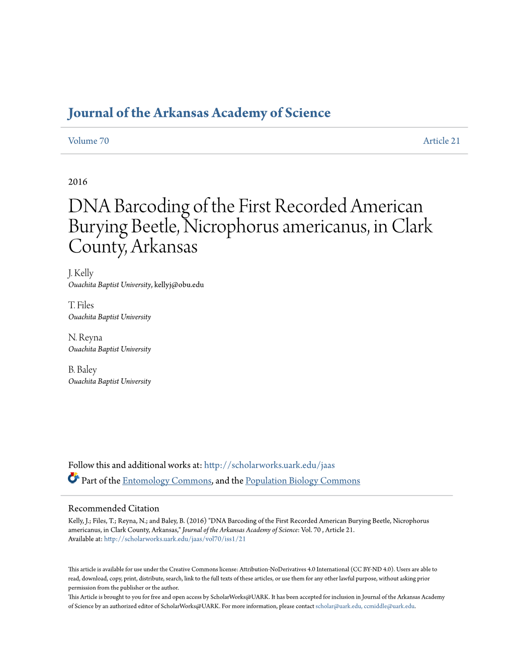 DNA Barcoding of the First Recorded American Burying Beetle, Nicrophorus Americanus, in Clark County, Arkansas J