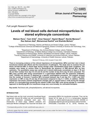 Levels of Red Blood Cells Derived Microparticles in Stored Erythrocyte Concentrate