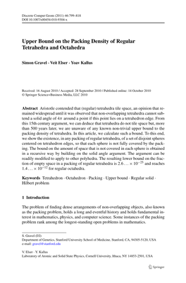 Upper Bound on the Packing Density of Regular Tetrahedra and Octahedra