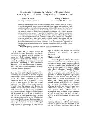 Experimental Design and the Reliability of Priming Effects: Examining the “Train Wreck” Through the Lens of Statistical Power