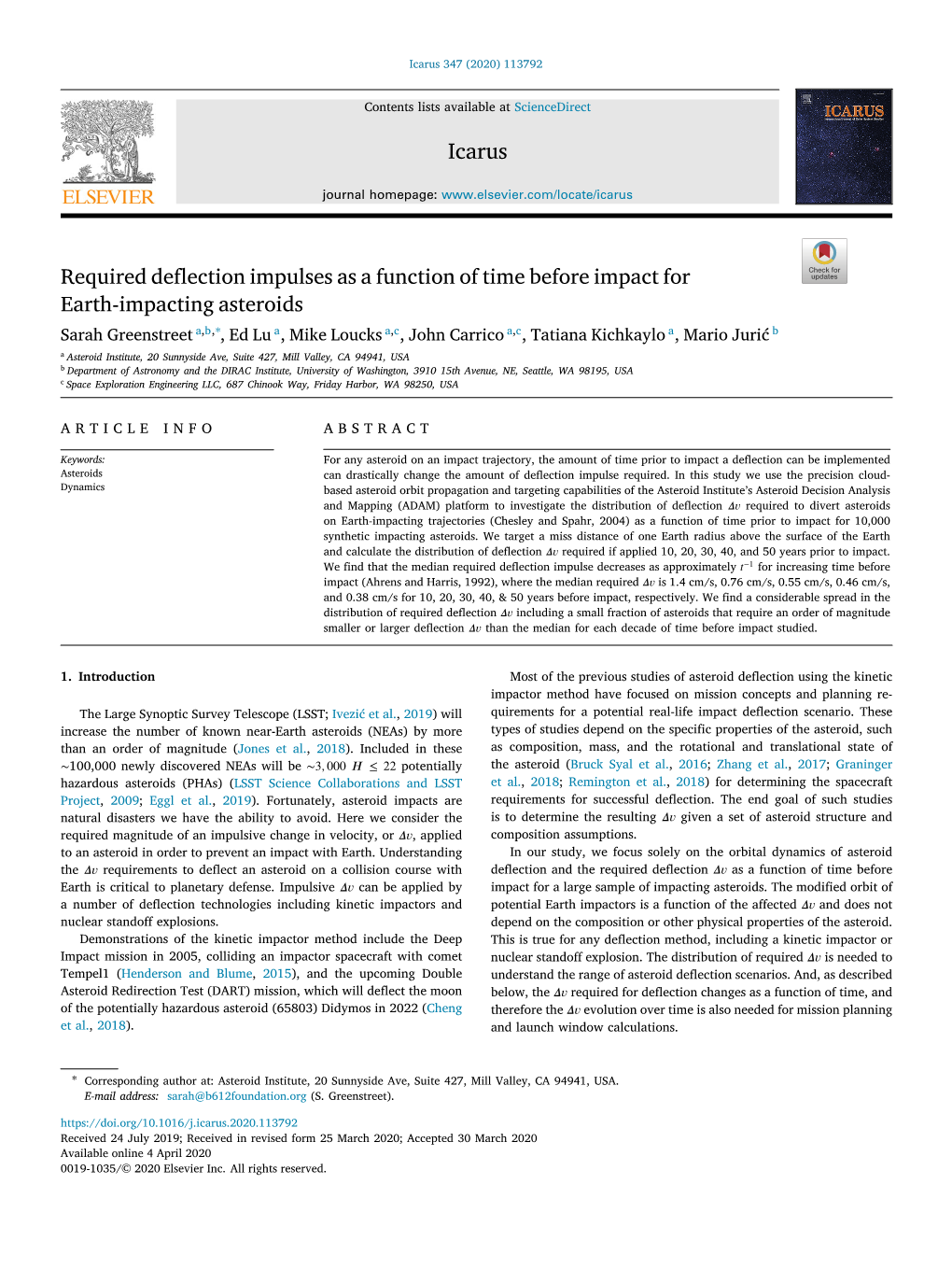 Required Deflection Impulses As a Function of Time Before Impact for Earth-Impacting Asteroids