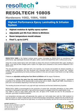 RESOLTECH 1080S Hardeners 1082, 1084, 1086 Highest Performance Epoxy Laminating & Infusion System