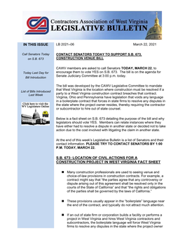 In This Issue S.B. 673: Location of Civil Actions for A
