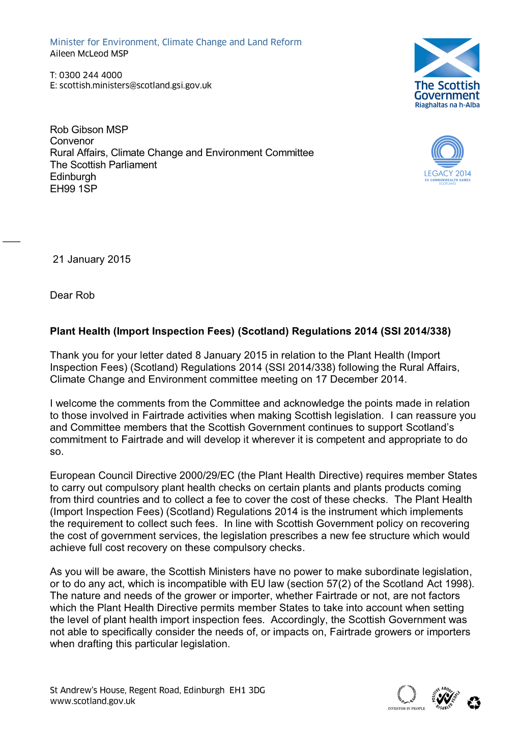 Letter from the Minister for Environment, Climate Change And