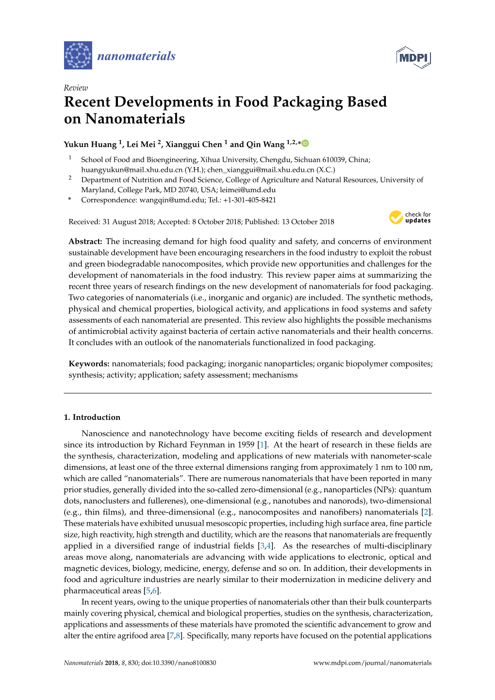 Recent Developments in Food Packaging Based on Nanomaterials