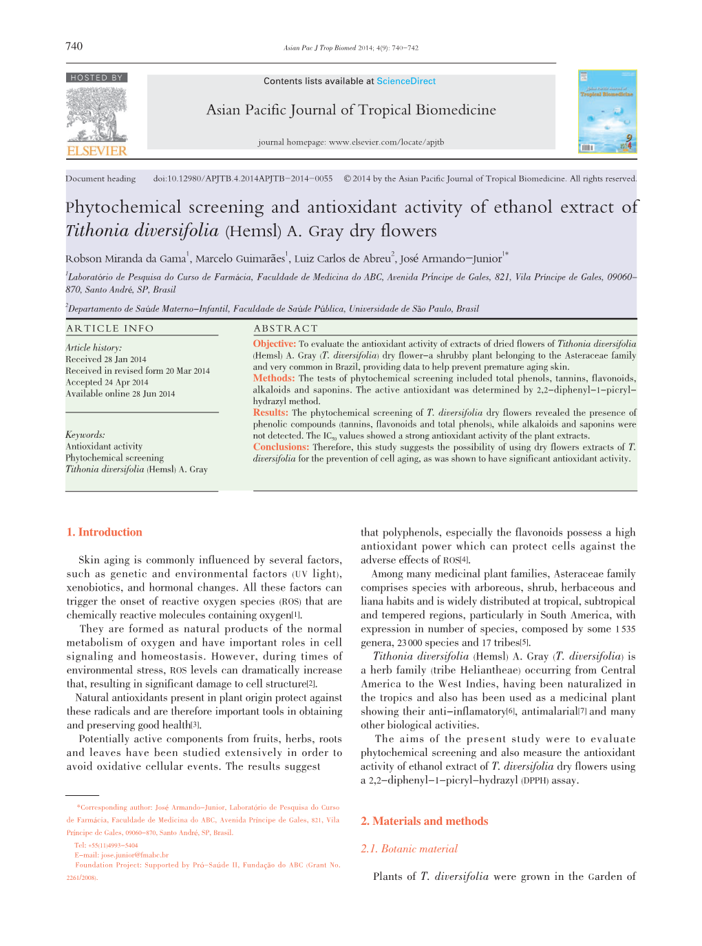 Phytochemical Screening and Antioxidant Activity of Ethanol Extract of Tithonia Diversifolia (Hemsl) A