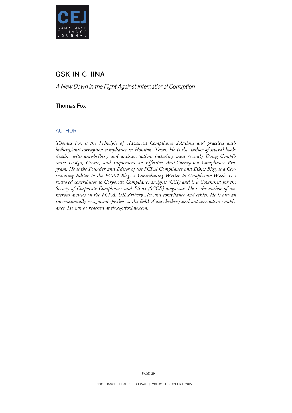 GSK in CHINA a New Dawn in the Fight Against International Corruption