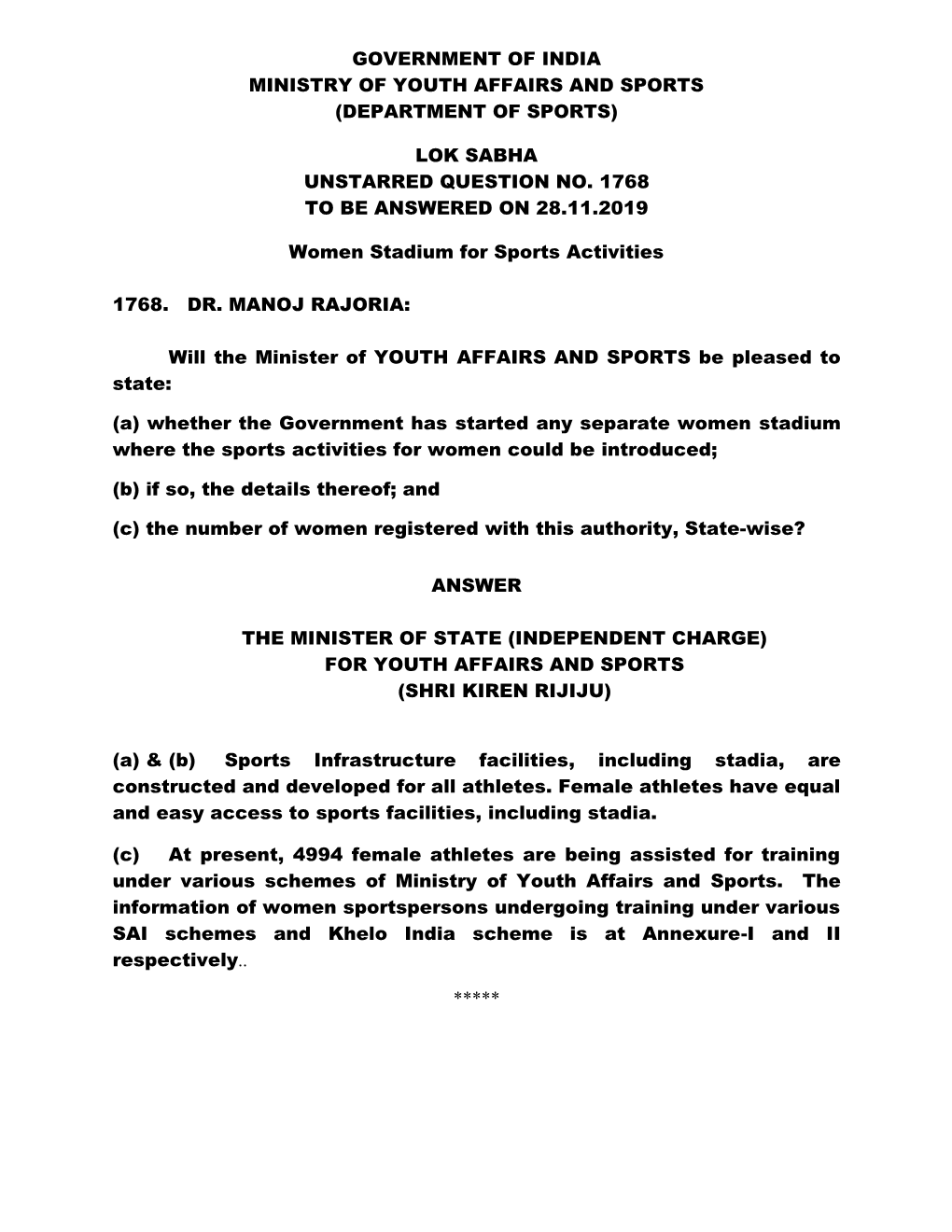 Government of India Ministry of Youth Affairs and Sports (Department of Sports) Lok Sabha Unstarred Question No. 1768 to Be Answ