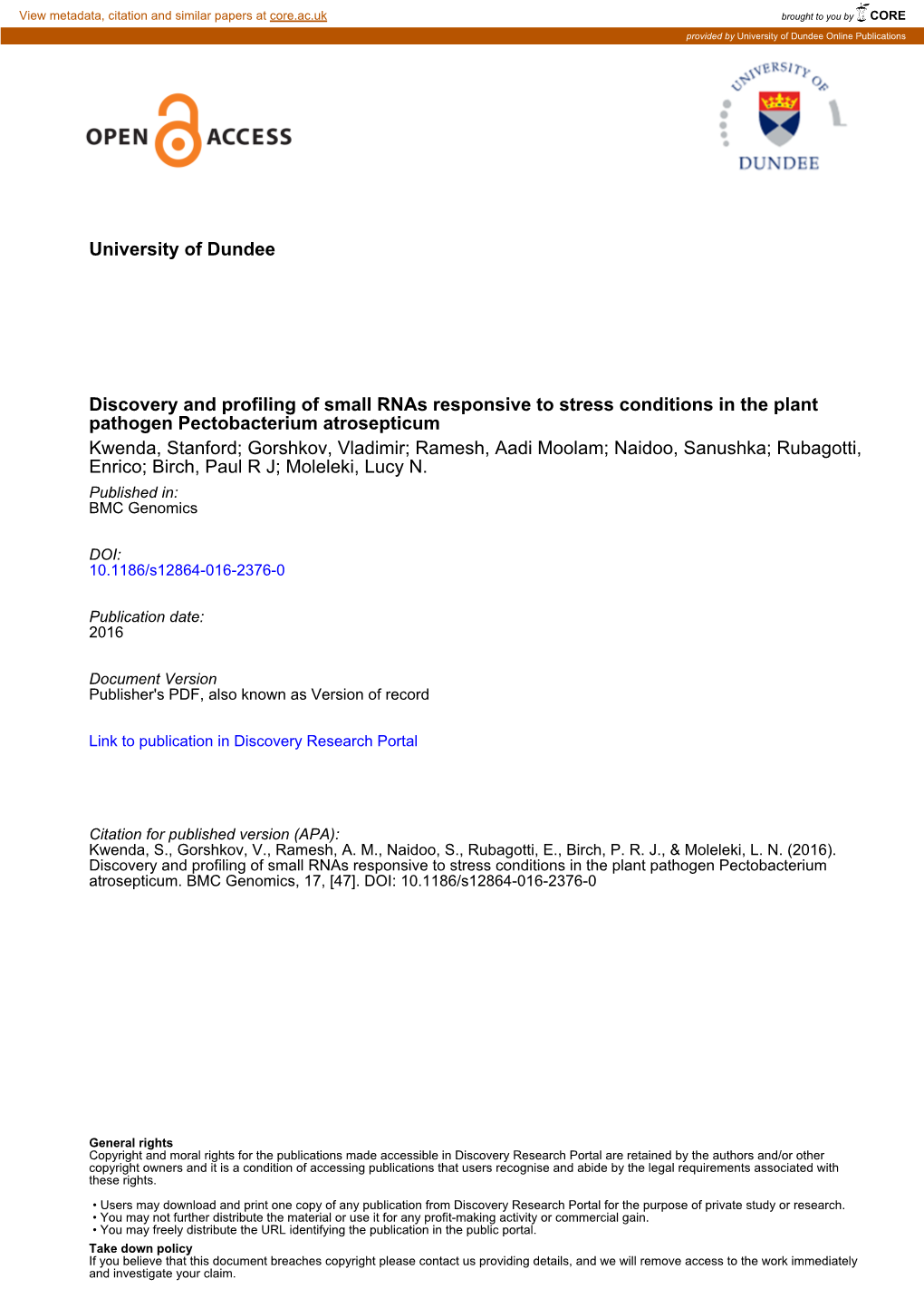 University of Dundee Discovery and Profiling of Small Rnas Responsive