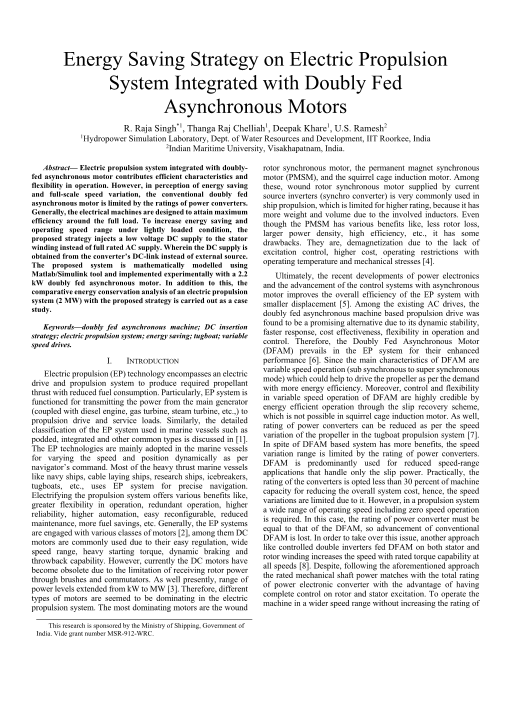 Energy Saving Strategy on Electric Propulsion System Integrated with Doubly Fed Asynchronous Motors R