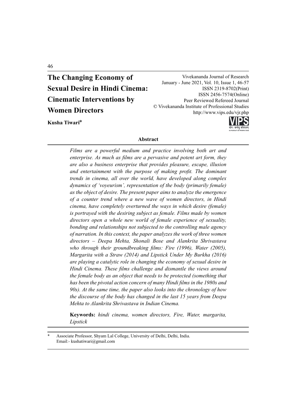 The Changing Economy of Sexual Desire in Hindi Cinema: Cinematic Interventions by Women Directors Women