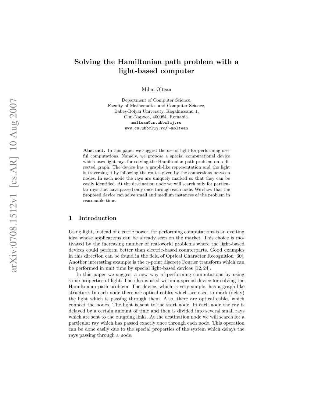 Solving the Hamiltonian Path Problem with a Light-Based Computer