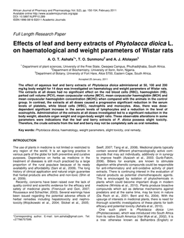 Effects of Leaf and Berry Extracts of Phytolacca Dioica L. on Haematological and Weight Parameters of Wistar Rats