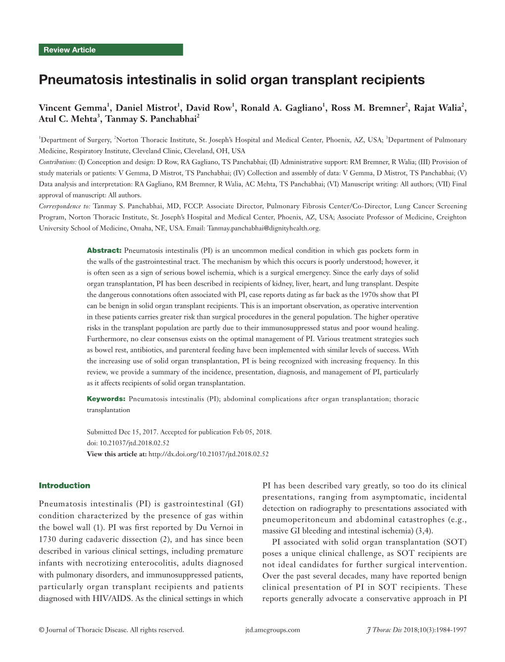 Pneumatosis Intestinalis in Solid Organ Transplant Recipients