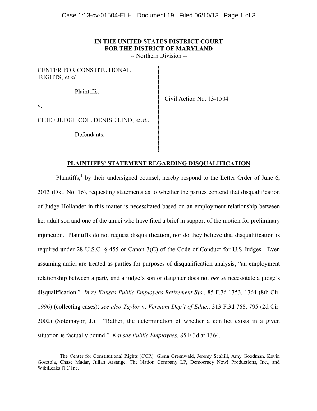 Plaintiffs Statement on Judicial Disqualification