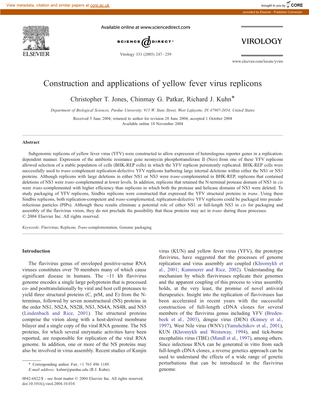 Construction and Applications of Yellow Fever Virus Replicons