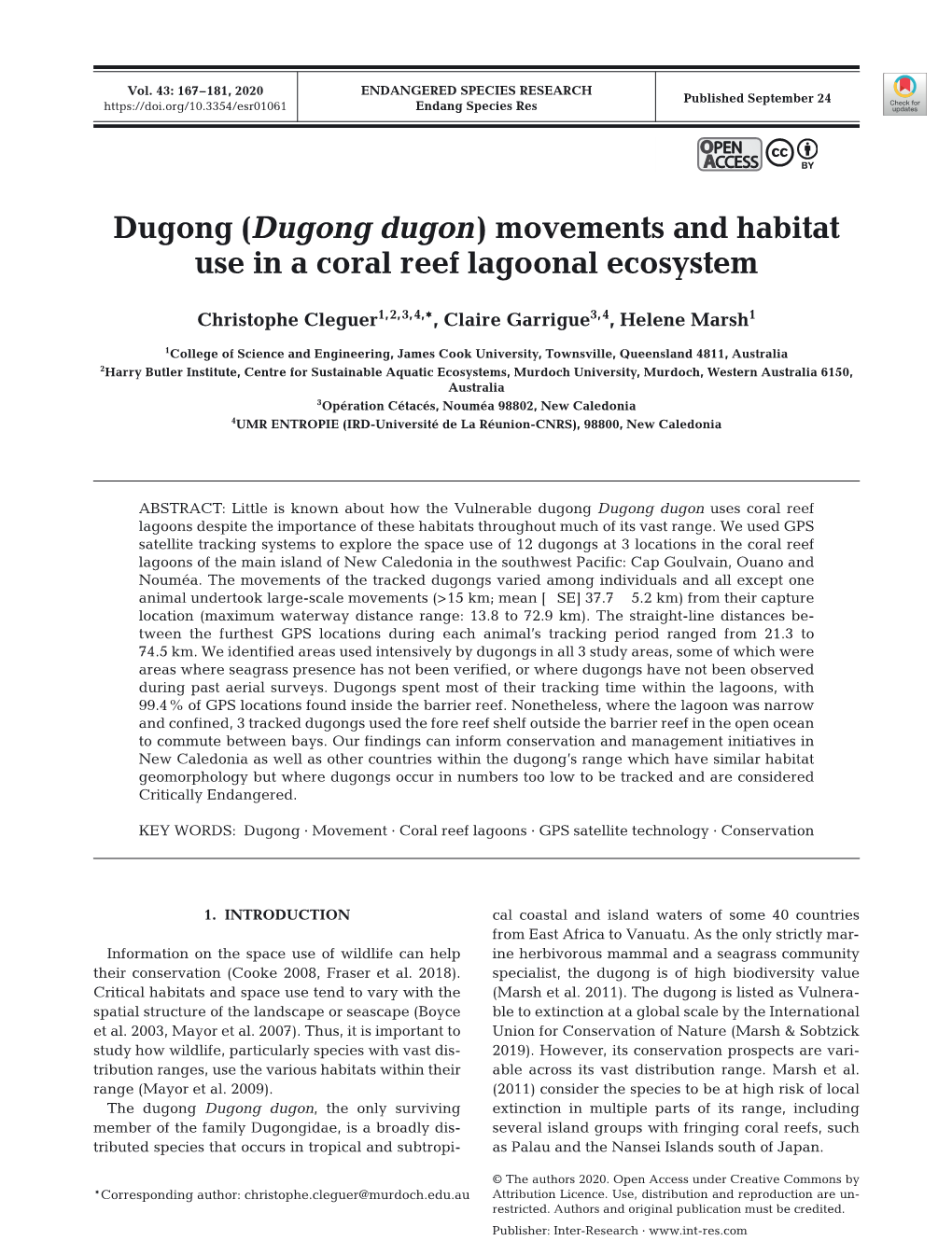 (Dugong Dugon) Movements and Habitat Use in a Coral Reef Lagoonal Ecosystem