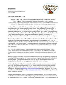 FOR IMMEDIATE RELEASE Organic Valley Adds 17 New Grassmilk