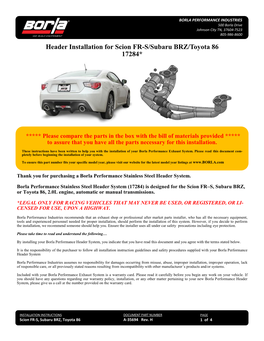 Header Installation for Scion FR-S/Subaru BRZ/Toyota 86 17284*