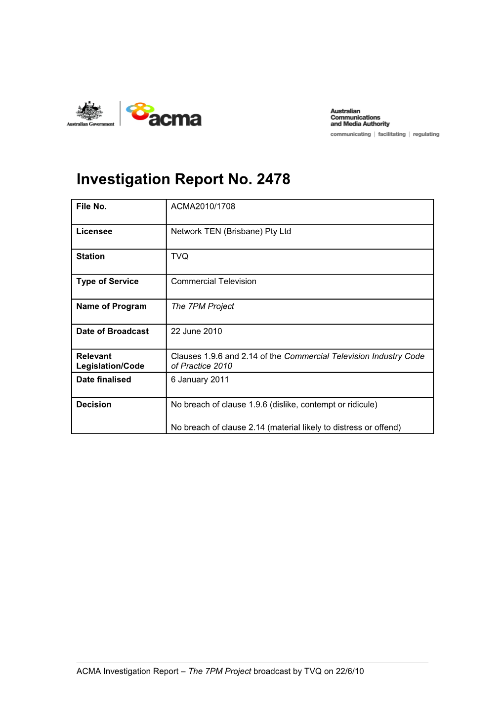 TVQ - ACMA Investigation Report 2478