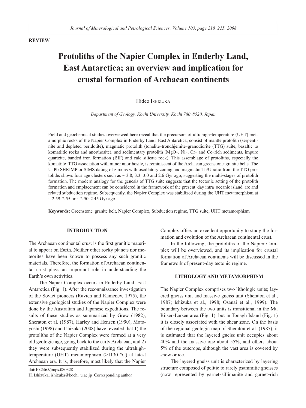 Protoliths of the Napier Complex in Enderby Land, East Antarctica; an Overview and Implication for Crustal Formation of Archaean Continents
