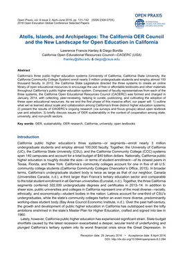 Atolls, Islands, and Archipelagos: the California OER Council and the New Landscape for Open Education in California