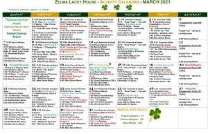Zelma Lacey House - Activity Calendar - March 2021