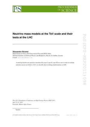 Pos (EPS-HEP2011) 098 Neutrino Mass Models at the Tev Scale
