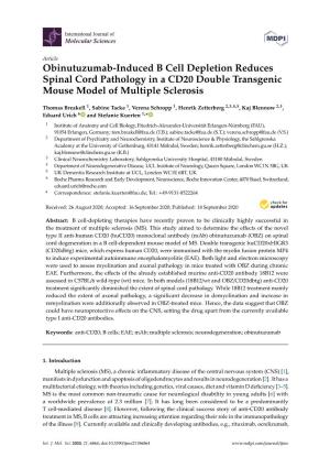 Obinutuzumab-Induced B Cell Depletion Reduces Spinal Cord Pathology in a CD20 Double Transgenic Mouse Model of Multiple Sclerosis