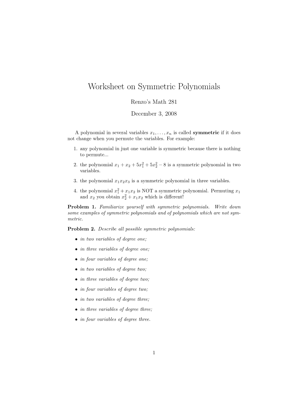 Worksheet on Symmetric Polynomials