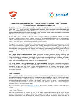Pointer Telocation and Pricol Sign a Letter of Intent (LOI) to Form a Joint Venture for Telematics Solutions in India and South East Asia
