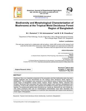 Biodiversity and Morphological Characterization of Mushrooms at the Tropical Moist Deciduous Forest Region of Bangladesh