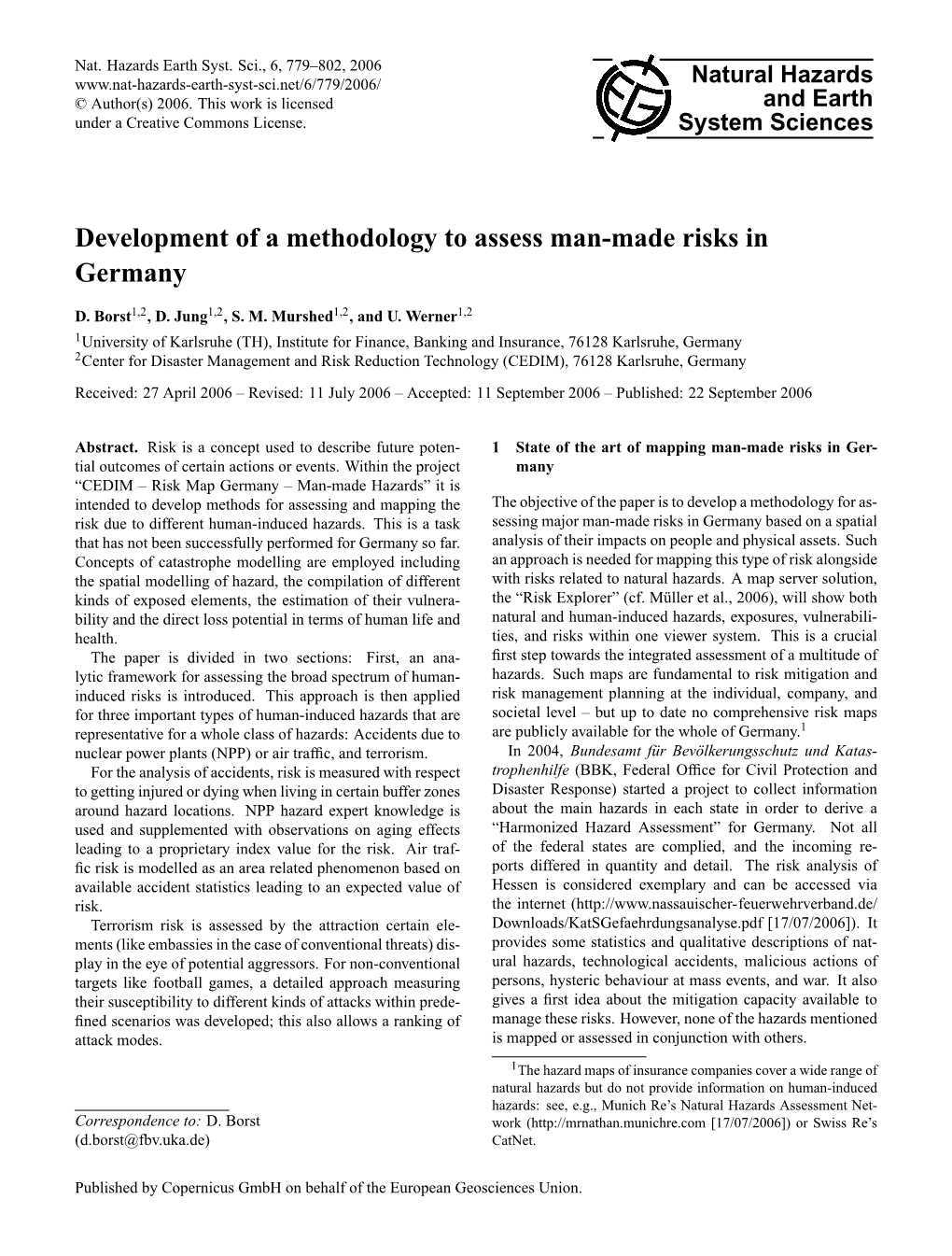 Development of a Methodology to Assess Man-Made Risks in Germany