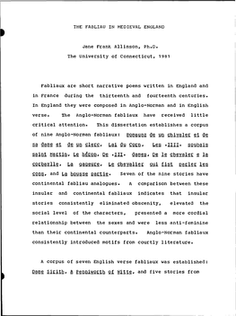 Jane Frank Allinson, Ph.D. the University of Connecticut, 1981 Fabliaux Ace Short Narrative Poems Written in England and in Fran