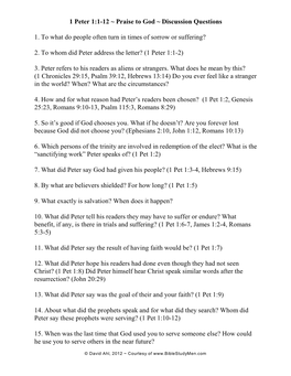 1 Peter 1:1-12 ~ Praise to God ~ Discussion Questions