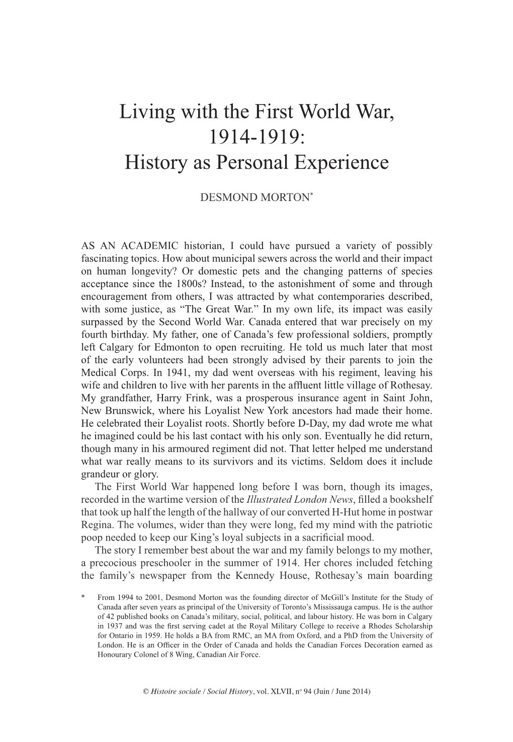 Living with the First World War, 1914-1919: History As Personal Experience