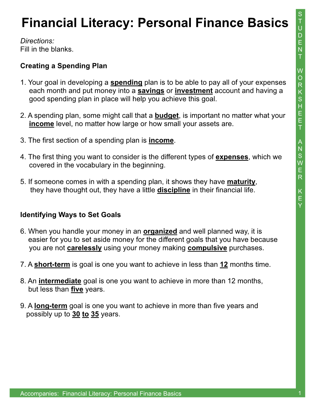 Financial Literacy: Personal Finance Basics U D Directions: E Fill in the Blanks