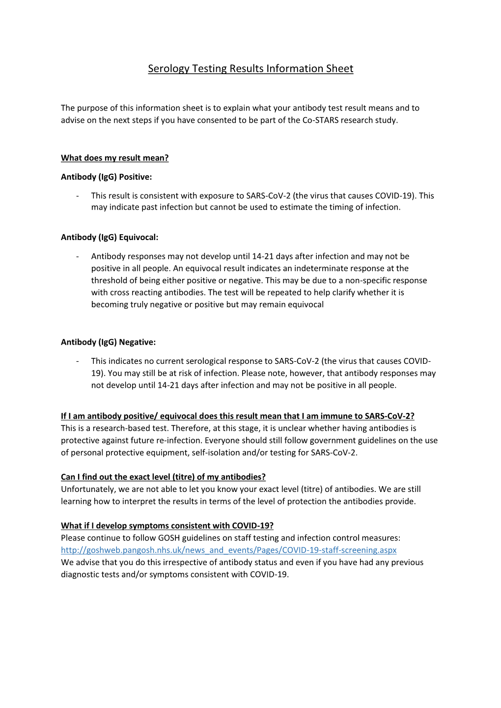 Serology Testing Results Information Sheet