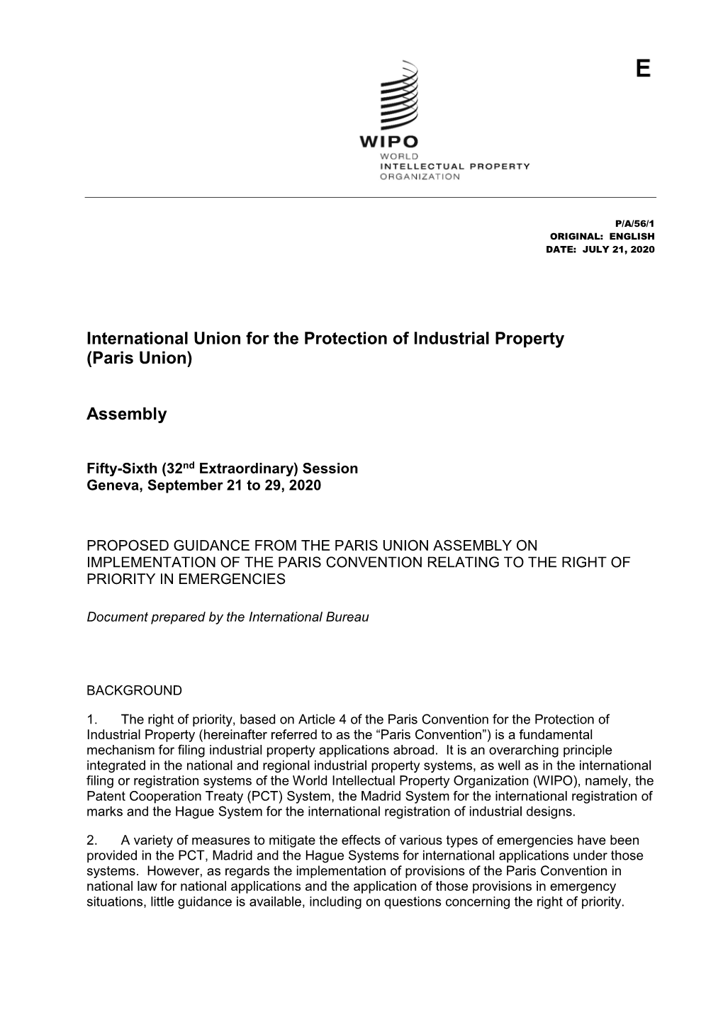 P/A/56/1 Proposed Guidance from the Paris Union Assembly On