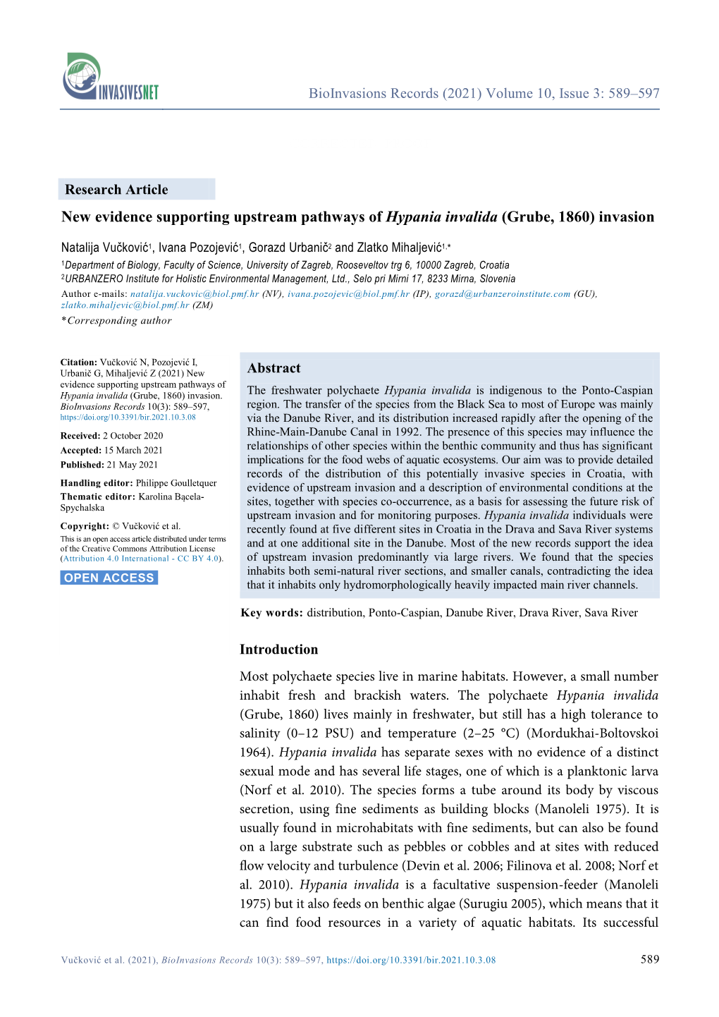 New Evidence Supporting Upstream Pathways of Hypania Invalida (Grube, 1860) Invasion