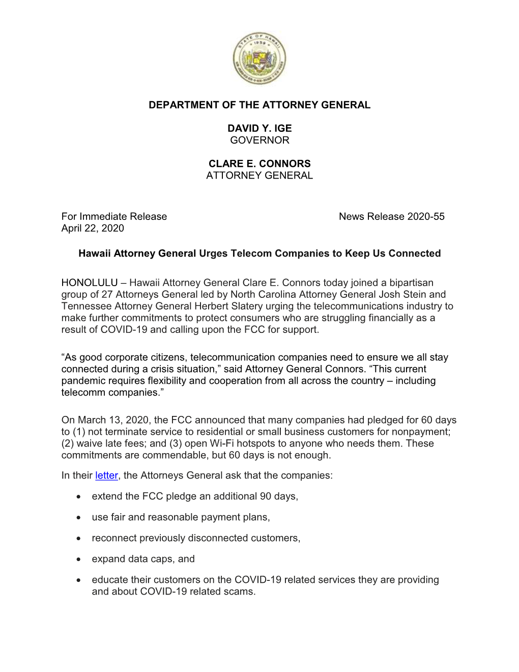 For Immediate Release News Release 2020-55 April 22, 2020