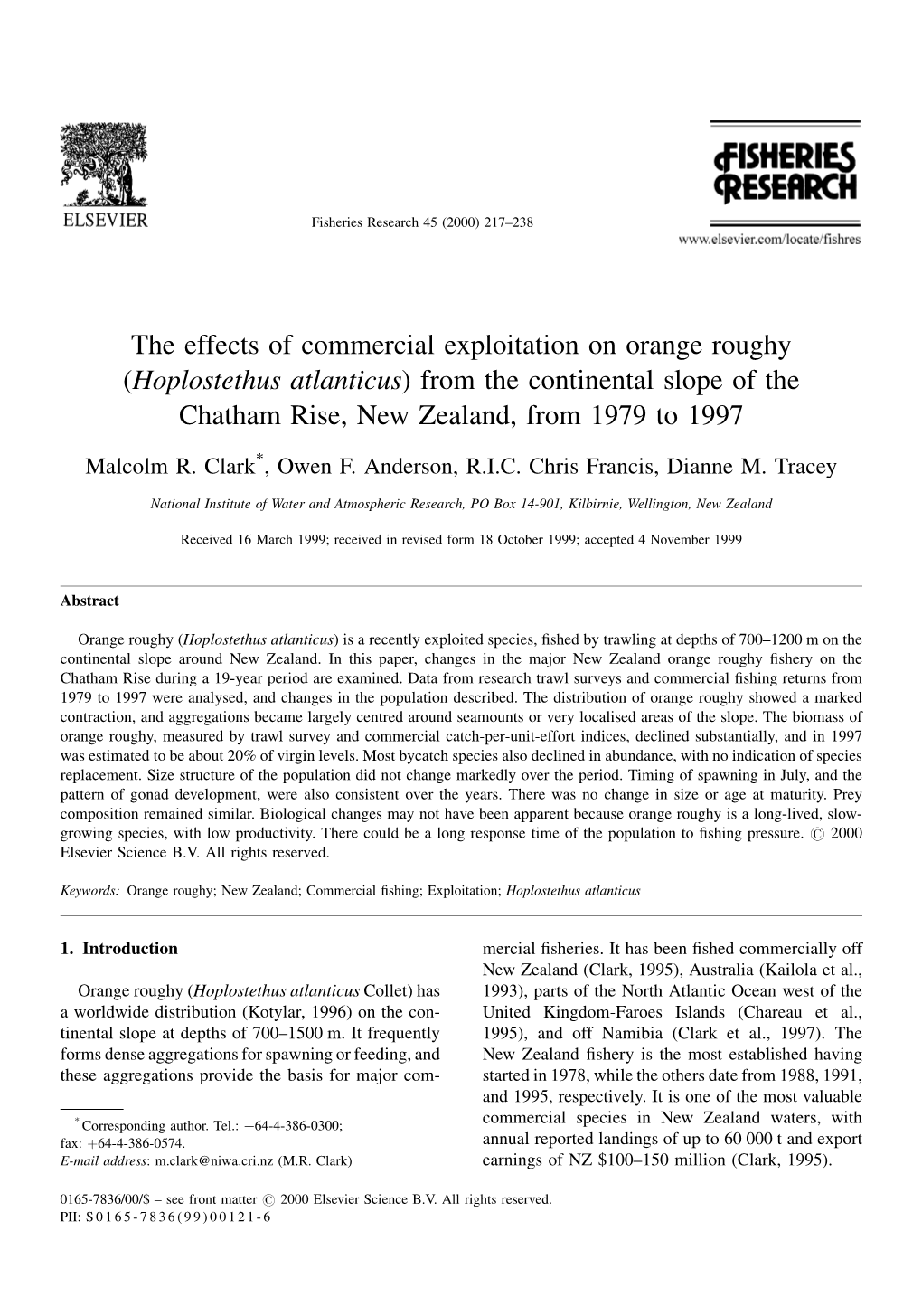 The Effects of Commercial Exploitation on Orange Roughy (Hoplostethus Atlanticus) from the Continental Slope of the Chatham Rise, New Zealand, from 1979 to 1997